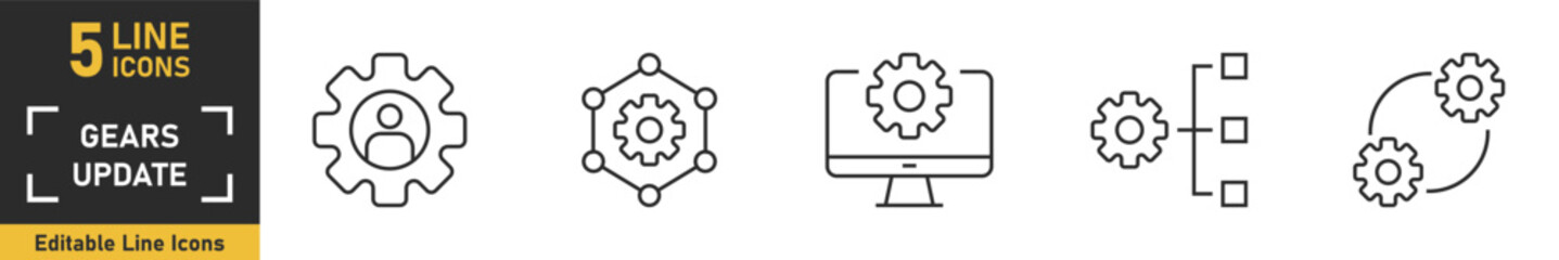 Fototapeta premium Gears line icon set. Set of 5 outline icons related to gears, control, tool, system and more. Vector illustration.