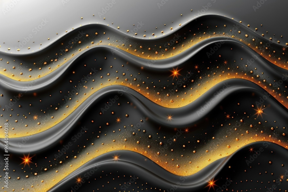 Poster waves of black with golden accents and sparkles create an abstract and mesmerizing effect