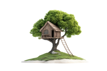 Charming wooden treehouse nestled in a lush green tree, ideal for children's play and outdoor adventures.