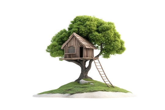 Charming wooden treehouse nestled in a lush green tree, ideal for children's play and outdoor adventures.