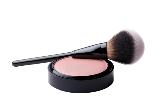 Close-up of a cosmetics blush compact with a soft brush for makeup application. Perfect for beauty enthusiasts and professionals.