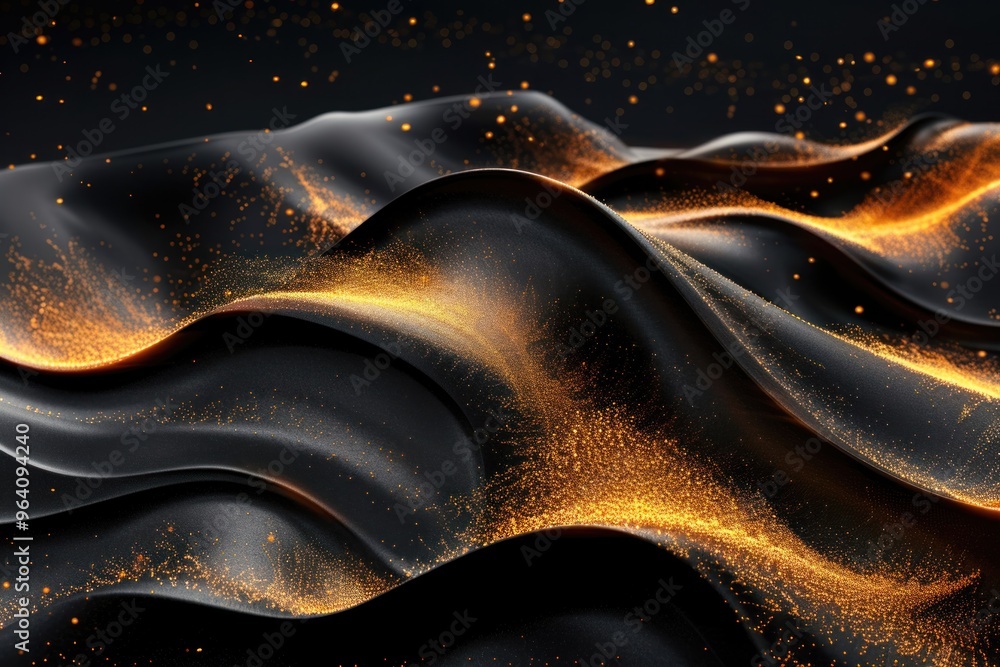 Poster golden particles create dynamic waves on a dark surface under soft lighting effects