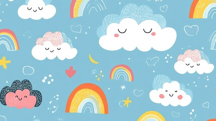 A repeating pattern of whimsical clouds and rainbows, creating a playful and cheerful seamless background