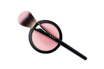 Flat lay of a makeup brush and blush compact, showcasing beauty tools for cosmetics and makeup application in a stylish setting.