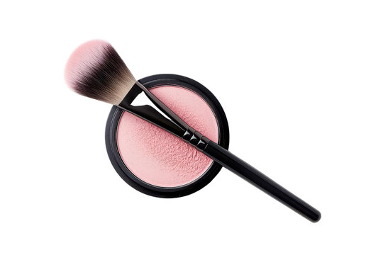 Flat lay of a makeup brush and blush compact, showcasing beauty tools for cosmetics and makeup application in a stylish setting.