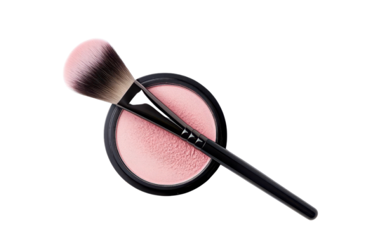 Flat lay of a makeup brush and blush compact, showcasing beauty tools for cosmetics and makeup application in a stylish setting.