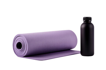 Purple yoga mat with a black water bottle, ideal for fitness enthusiasts and wellness activities.