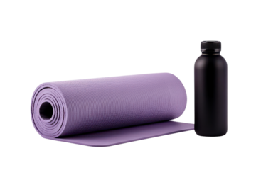 Purple yoga mat with a black water bottle, ideal for fitness enthusiasts and wellness activities.