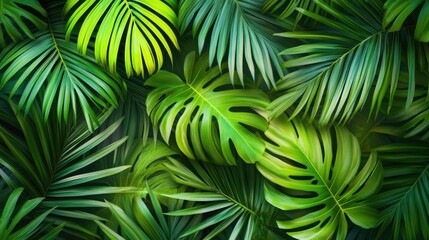 A seamless background of tropical palm leaves in vivid green hues, perfect for summery and beachy themes