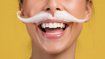 A close-up shot of a woman smiling widely with a mustache made of beer foam on her upper lip on yellow background