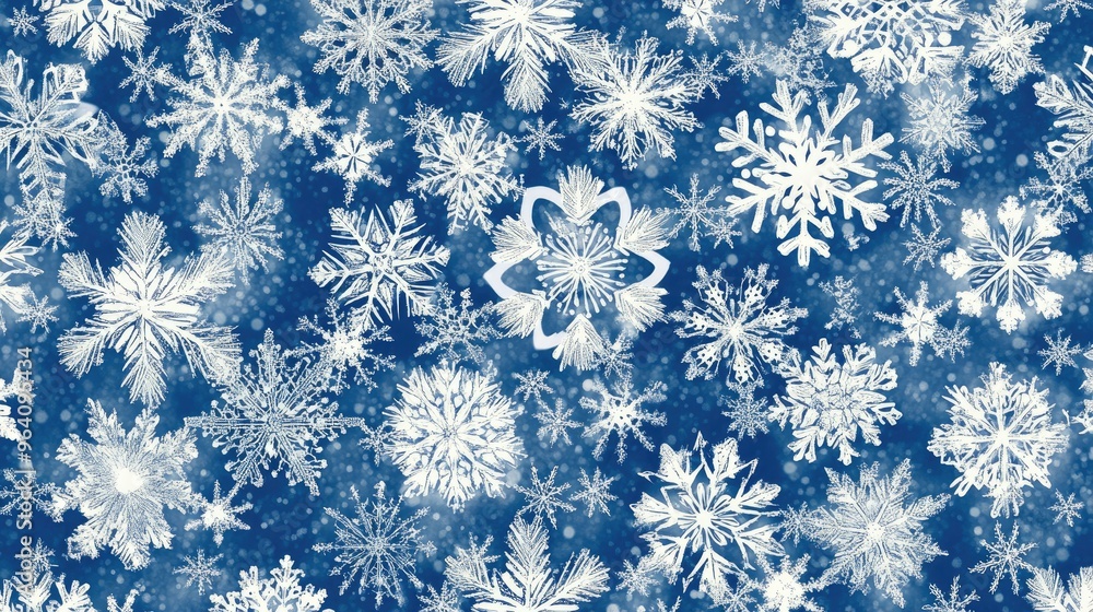 Poster a seamless pattern of snowflakes in varying sizes, creating a wintry and festive background in white