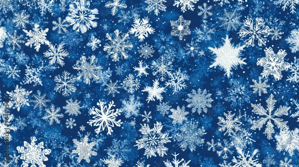 Poster a seamless pattern of snowflakes in varying sizes, creating a wintry and festive background in white
