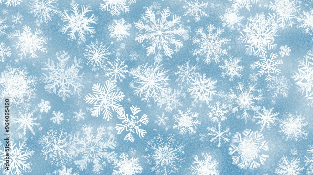 Poster a seamless pattern of snowflakes in varying sizes, creating a wintry and festive background in white