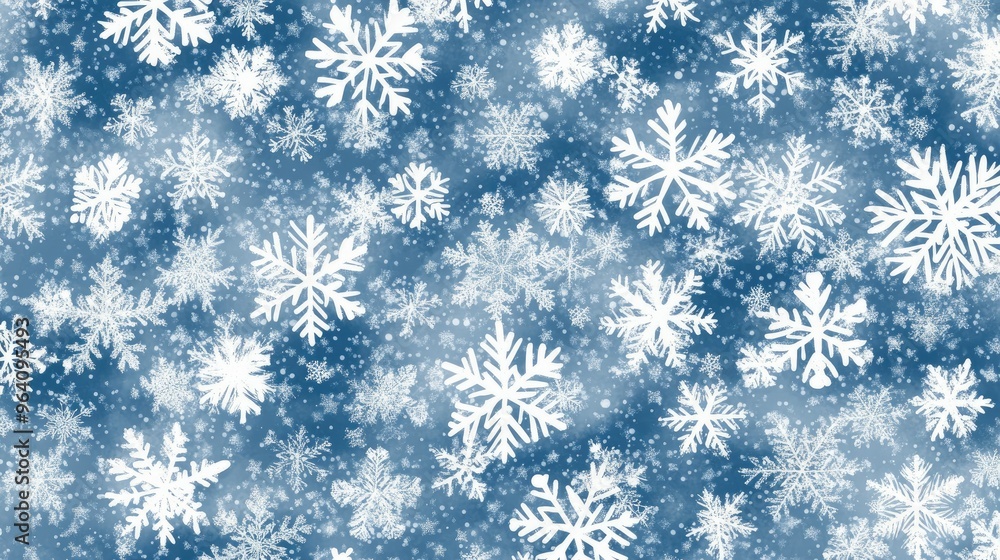 Poster a seamless pattern of snowflakes in varying sizes, creating a wintry and festive background in white