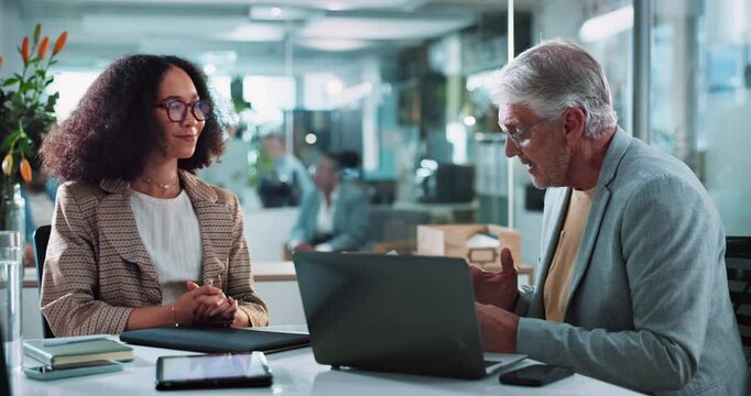 Laptop, business people or meeting in office for talk, performance review or discussion. Boss, employee or tech at table for employment report, contract renewal or end of probation period in company