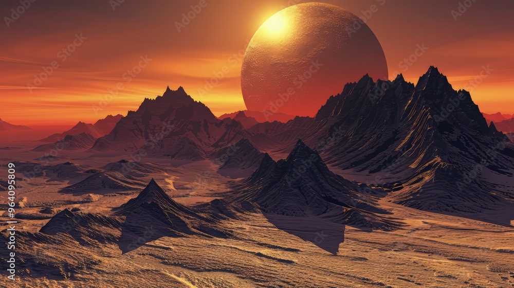 Poster a stark alien terrain with rugged mountains casting long shadows under the light of a large, fiery s