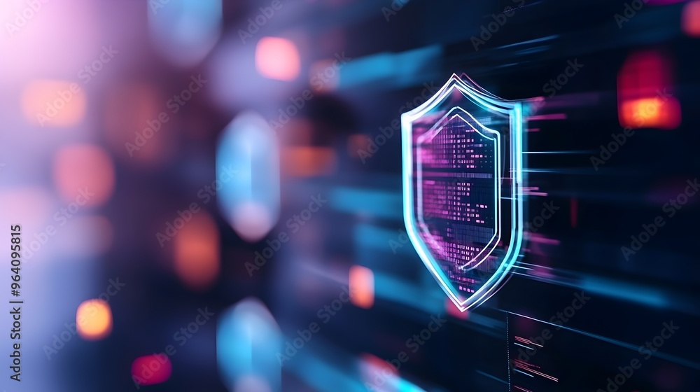 Poster glowing security shield in a digital environment - cybersecurity and data safety concept