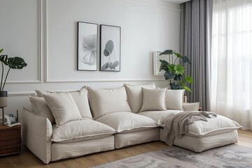 Beige Linen Sofa with Cushions and Storage Chest, Cozy Chaise Lounge, Wooden Flooring, White Walls, and Green Plants in Warm Living Room