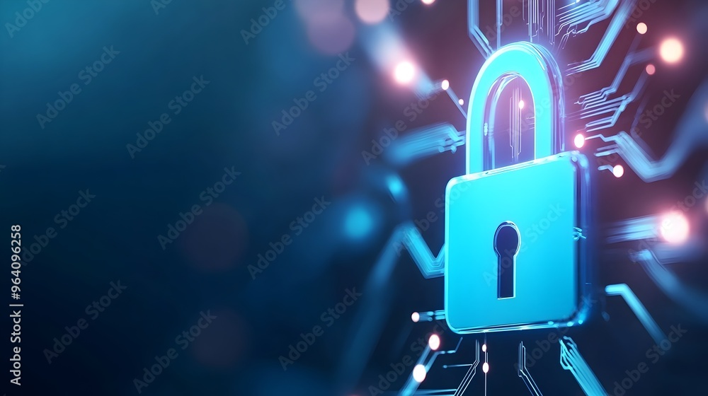 Poster blue glowing padlock on digital network - data security and cyber protection in high-tech world