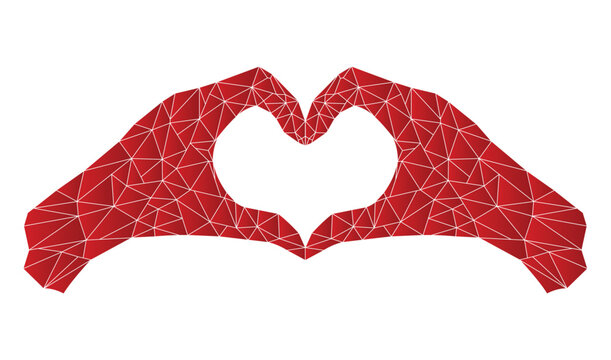 Red Polygonal hands forming heart shape abstract geometric love romantic low poly line art