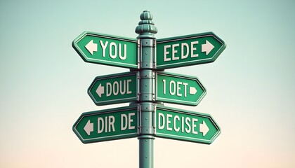 Fototapeta premium Green street signs with arrows pointing in opposite directions with the words YOU DECIDE suggesting a choice, decision making, or crossroads in life or business