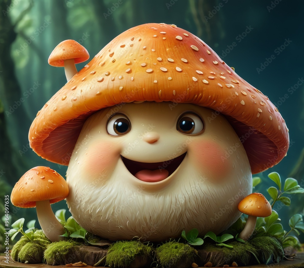 Poster a charming illustration of a cheerful mushroom with a smiling face, set in a lush forest environment