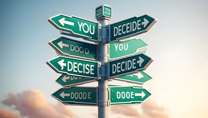 Fototapeta premium Green street signs with arrows pointing in opposite directions with the words YOU DECIDE suggesting a choice, decision making, or crossroads in life or business
