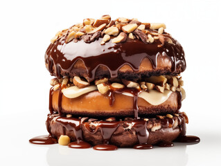 Chocolate burger. Funny sweet food isolated on white background. Caramel and cacao bakery. Candy bar. Funny kid street food. Photo generated by AI technology.