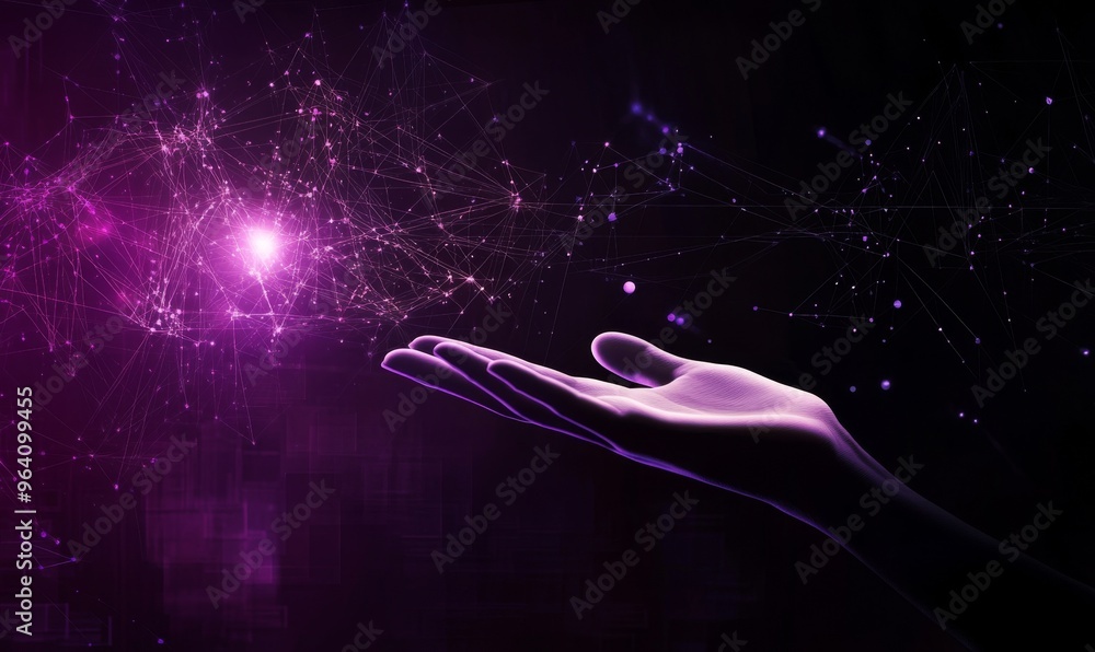 Poster hand reaching towards abstract digital network symbolizing technology and business growth with purpl