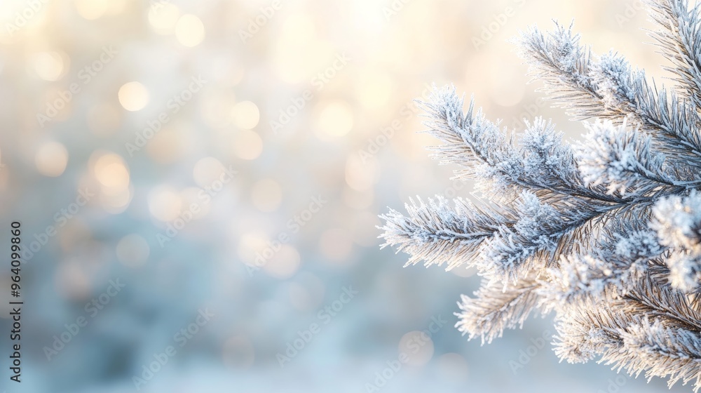 Poster a realistic render of a frosted pine branch with clusters of snowflakes, set against a blurred, wint