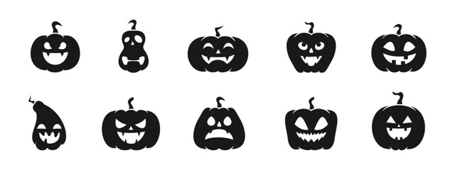 icon set of smiling pumpkin, various different shapes available, silhouette style, editable vector eps 10.