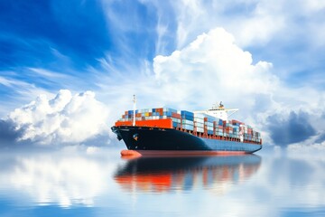 Fototapeta premium Cargo ship with containers sailing on calm waters under a blue sky with clouds, representing global trade and international logistics.