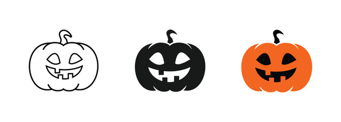 smiling pumpkin icon set, available outline, silhouette, and orange style, editable vector eps 10.