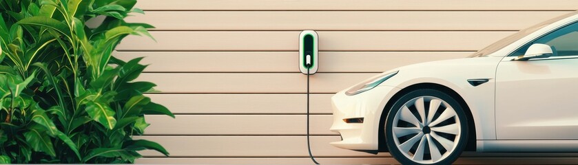 Obraz premium Modern electric vehicle charging station beside a stylish car, surrounded by greenery, showcasing sustainable energy solutions.