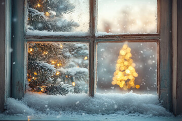 Empty Christmas window sill. Outside the window you can see a beautiful snowy view. Copy space.