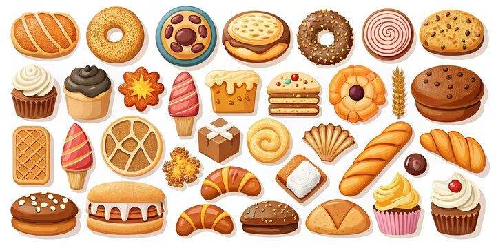 Collection of flat icons depicting various bakery, pastry, and confectionery items