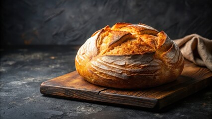 Freshly baked artisan sourdough bread on a black cutting board, highlighting its golden crust and airy interior