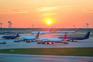 Obraz premium Colorful airplanes parked on the tarmac at sunset, with vehicles for flight operations or luggage transport in the foreground. Beautiful airport scene with an empty field and sunset background.