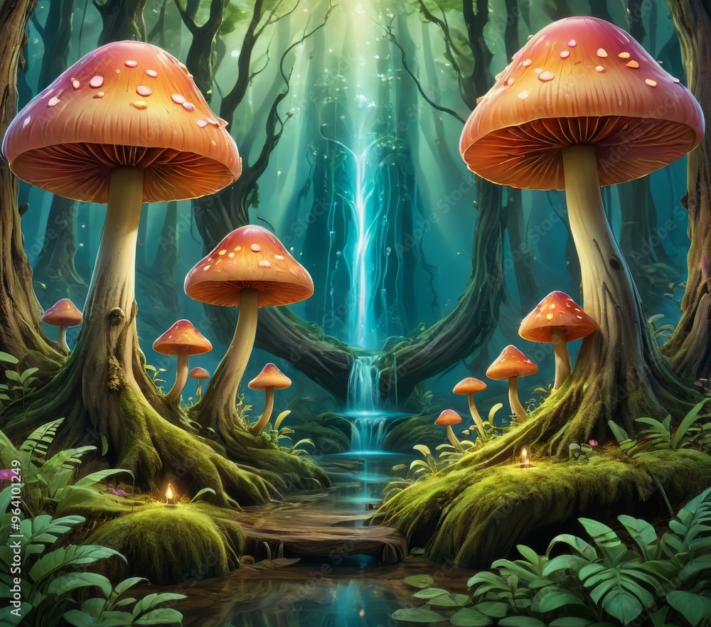 Poster discover the magic of an enchanted forest with glowing red mushrooms towering over a serene stream. 