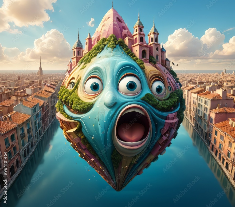 Poster a surreal floating island featuring a large, expressive face and intricate buildings on top, hoverin