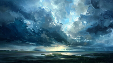 Fototapeta premium Natural landscape. Coastline on the sea with cloudy sky at sunset. Concept of relaxation, beauty.