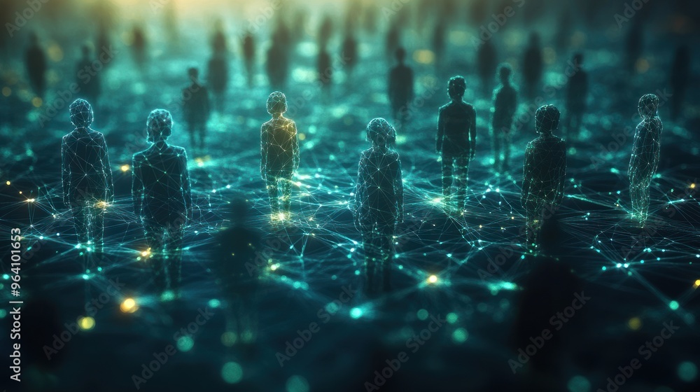 Poster digital representation of interconnected figures in a network.