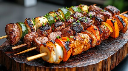 Grilled meat and vibrant vegetables skewered and presented on a rustic wooden board.