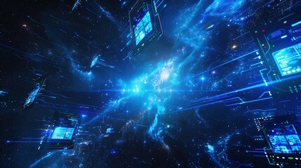 A surreal scene with a vibrant blue nebula and starfield, featuring advanced technology elements like holographic displays floating in space.