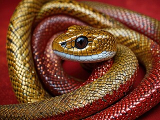 Fototapeta premium Exquisite golden and red snake sculpture coiled on a textured surface