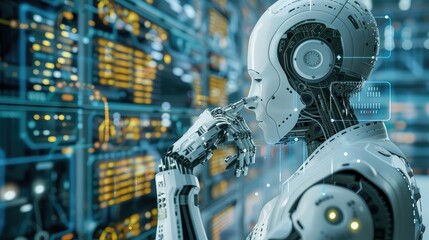 Fototapeta premium Futuristic Robot Thinking in Data Center