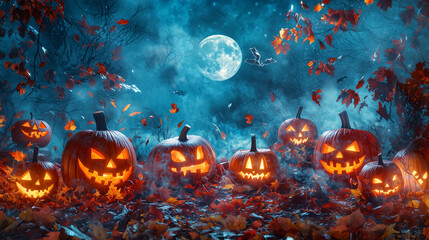 Naklejka premium halloween background with pumpkins and flowers