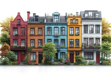 Fototapeta premium Row of colorful houses with green trees and plants in front.