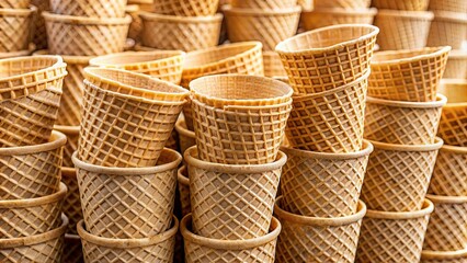 A pile of wafer cups for ice cream, a sweet summer treat in a cafe restaurant