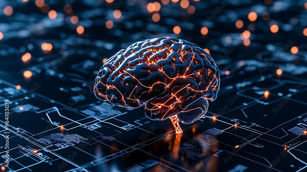 Poster a digital brain concept with neural networks and futuristic glowing lines.